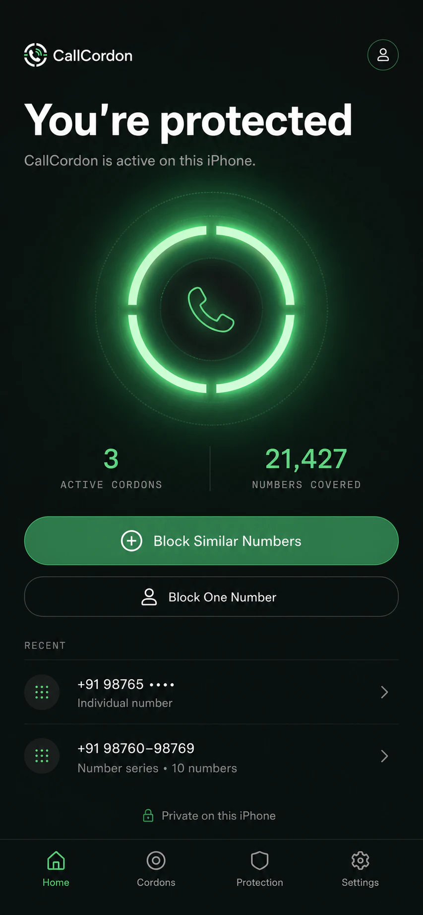 CallCordon app home screen showing active on-device protection and controls for blocking similar numbers